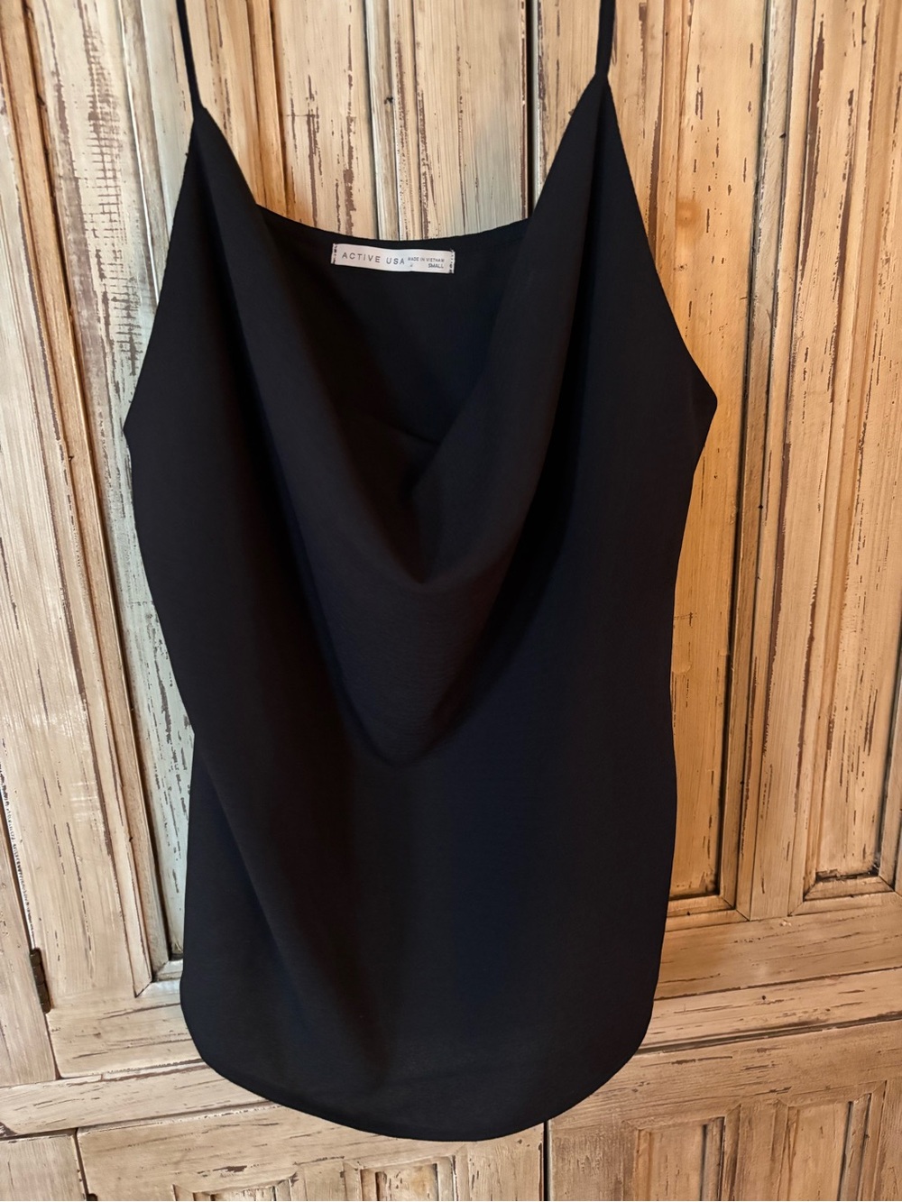 Active USA Cowl Neck Draped Black Cami Top Size  Small. LIKE NEW!